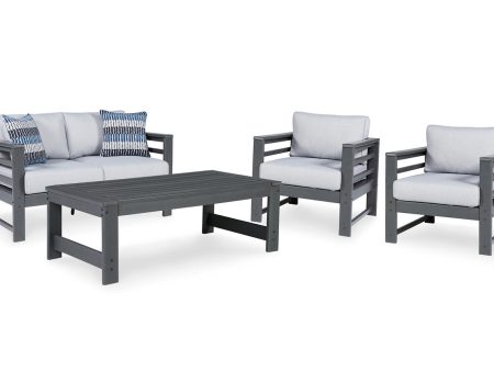 Amora Charcoal Outdoor Loveseat, 2 Lounge Chairs and Coffee Table Discount