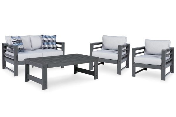 Amora Charcoal Outdoor Loveseat, 2 Lounge Chairs and Coffee Table Discount