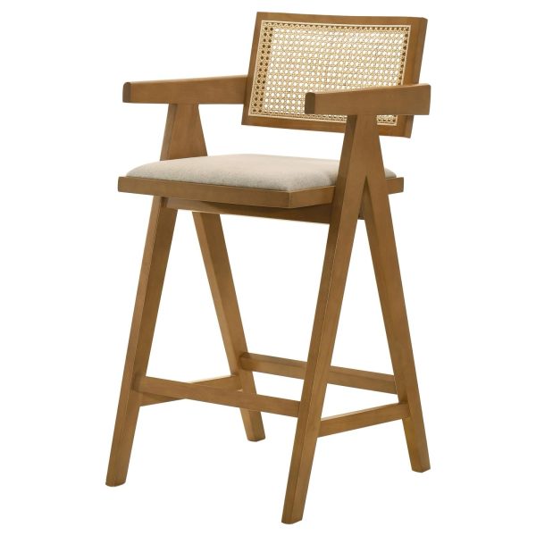 Kane Solid Wood Bar Stool with Woven Rattan Back and Upholstered Seat Light Walnut (Set of 2) Supply