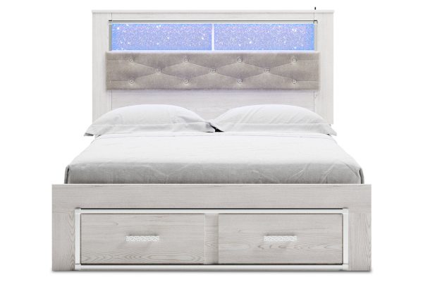 Altyra White Queen Upholstered Panel Bookcase Bed with Storage Fashion