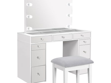 Regina 3-piece Makeup Vanity Table Set Hollywood Lighting White and Mirror For Sale