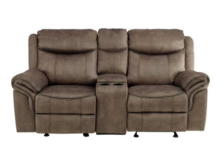 Aram Brown Fabric Double Glider Reclining Loveseat with Center Console, Receptacles and USB Ports Discount