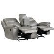 Aram Gray Faux Leather Double Glider Reclining Loveseat with Center Console, Receptacles and USB Ports For Discount