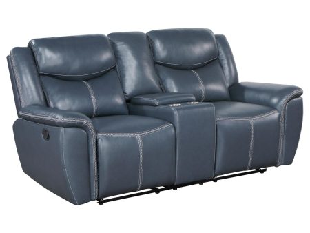 Sloane Upholstered Motion Reclining Loveseat with Console Blue on Sale