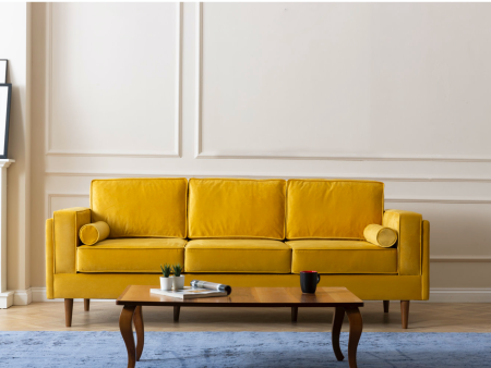 Troya Mustard Velvet Sofa With Reversible Cushions on Sale