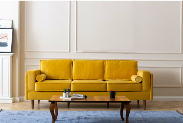 Troya Mustard Velvet Sofa With Reversible Cushions on Sale