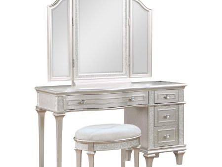 Evangeline 3-piece Vanity Table Set with Tri-Fold Mirror and Stool Silver Oak on Sale