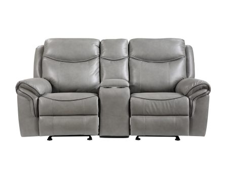 Aram Gray Faux Leather Double Glider Reclining Loveseat with Center Console, Receptacles and USB Ports For Discount