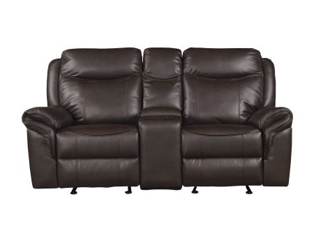 Aram Dark Brown Faux Leather Double Glider Reclining Loveseat with Center Console, Receptacles and USB Ports For Discount