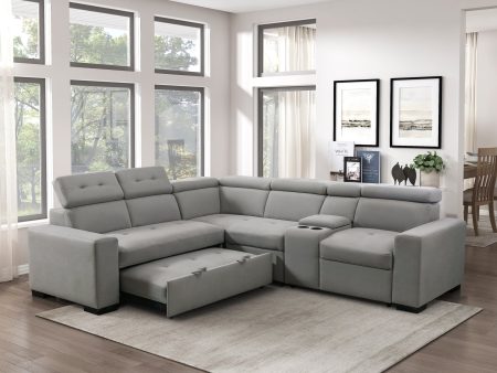 Farrah Light Gray 3-Piece Sectional with Adjustable Headrests, Pull-out Bed and Console For Sale